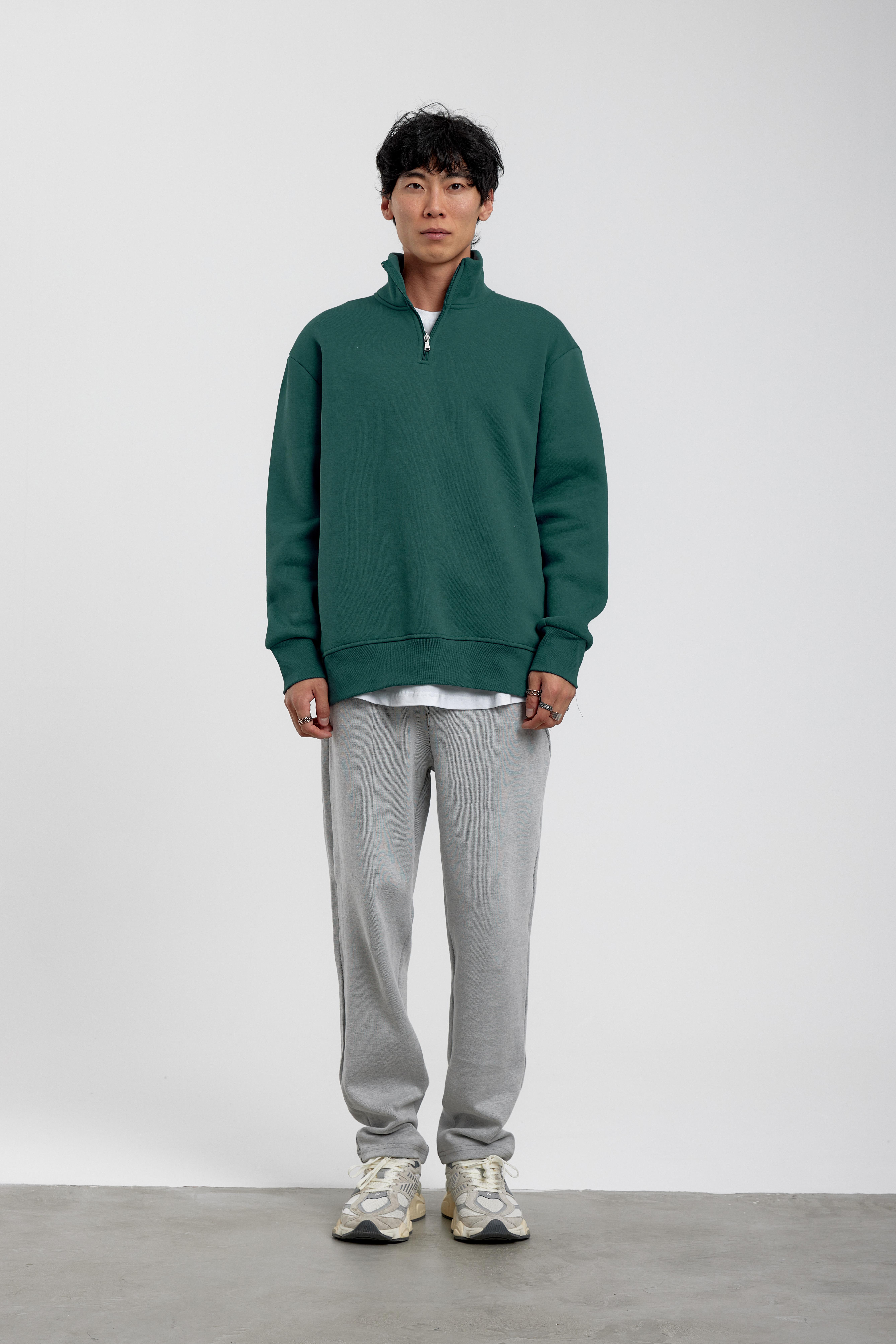 Yeşil Yakası Fermuarlı Basic Şardonlu Sweatshirt