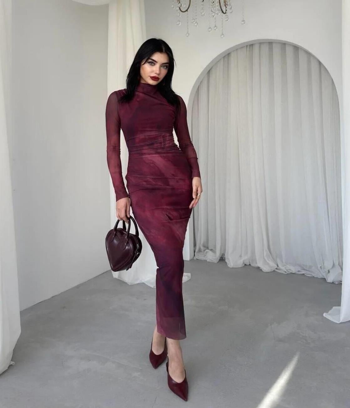 BORDO ŞİFON ELBİSE