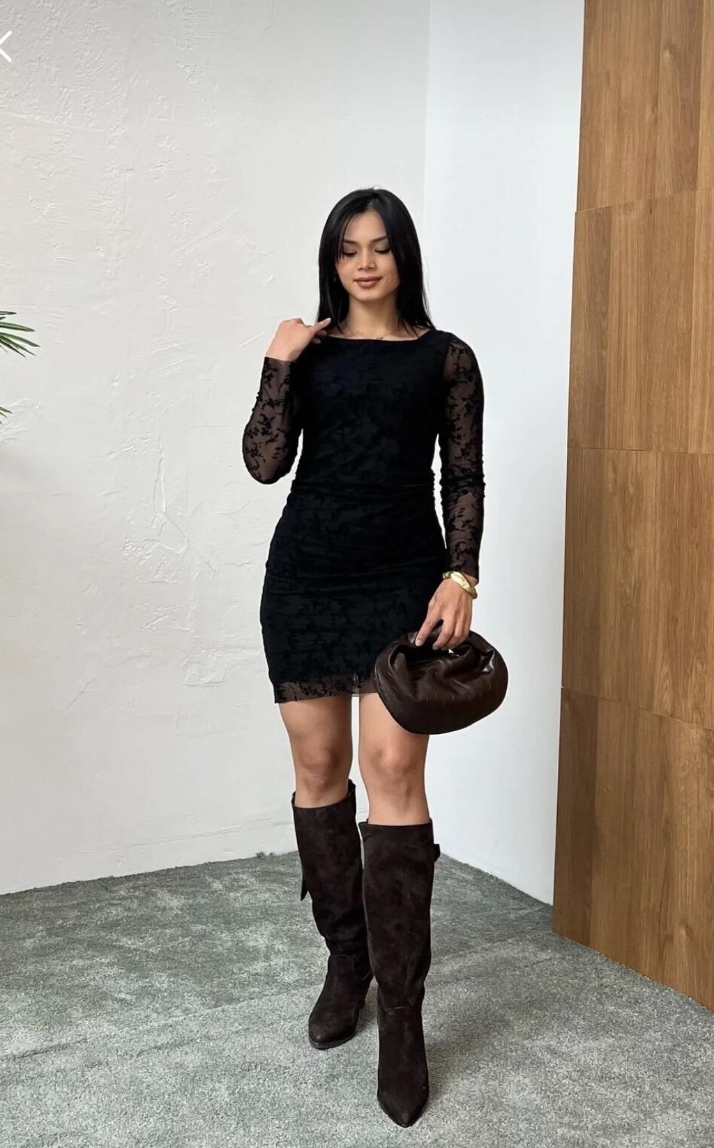 DRAPELİ TÜL ASTARLI ELBİSE SİYAH