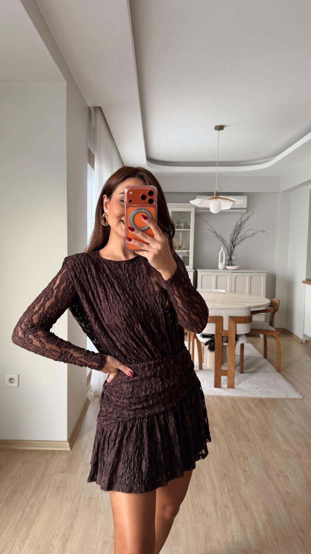 DANTEL KAHVERENGİ TASARIM ELBİSE