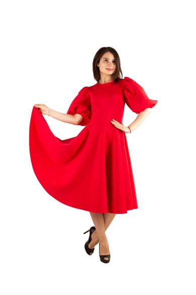 Bishop Sleeve Scuba Dress - Red