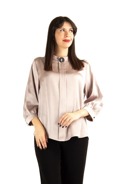 Brooch Detail Satin Blouse - Beige