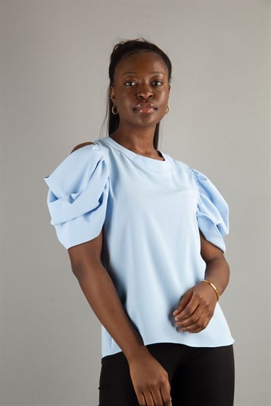 Cold Shoulder Puff Sleeve Top - Baby Blue