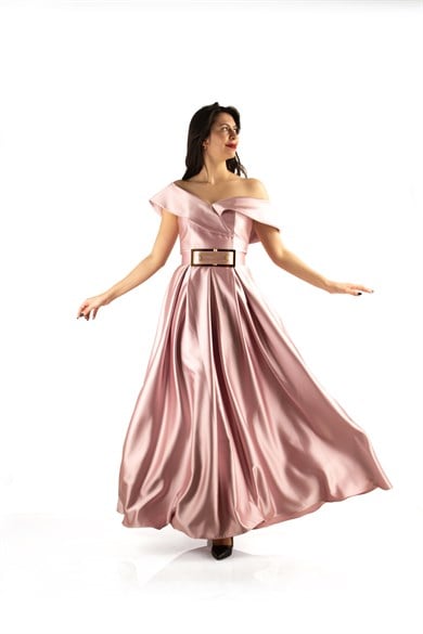 Off Shoulder Belted Maxi Satin Dress - Powder