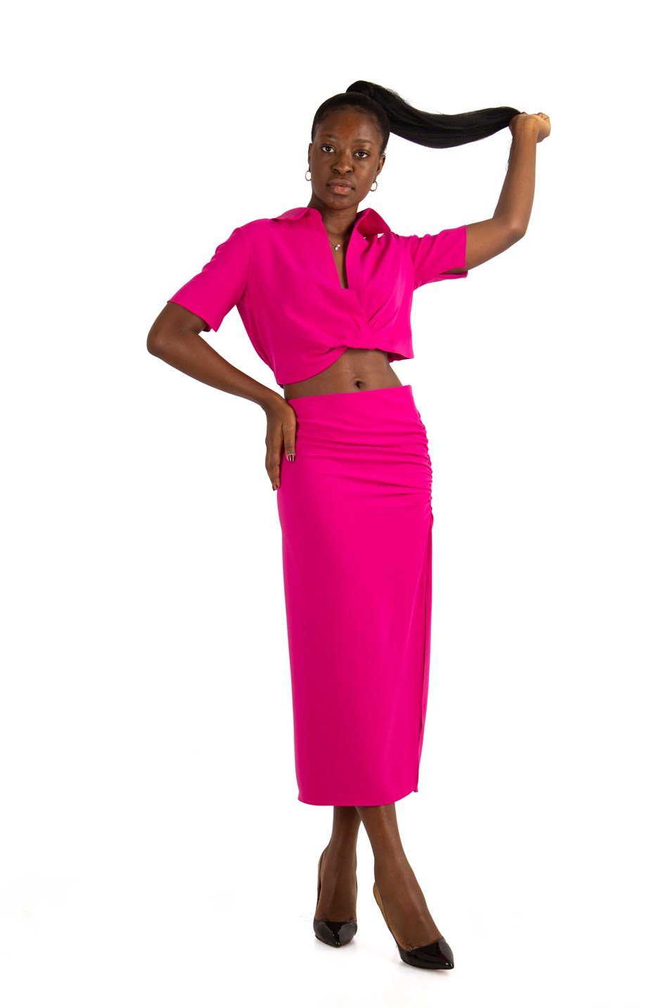2 Piece Set Women's Crop Top Skirt Side Slit Two Piece Outfit - Fuchsia - Wholesale  Womens Clothing Vendors For Boutiques