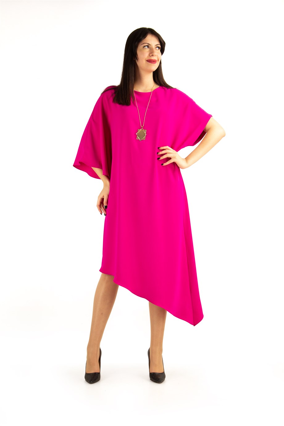 Asymmetric One Shoulder Dress - Fuchsia - Wholesale Womens