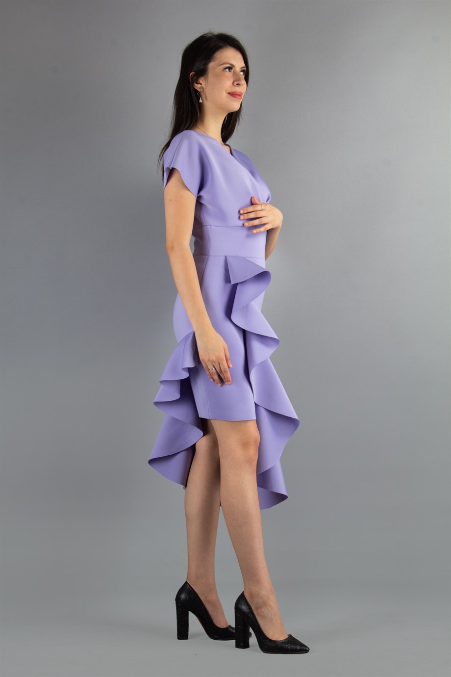 Asymmetric V Neck Frill Dress Big Size Levander