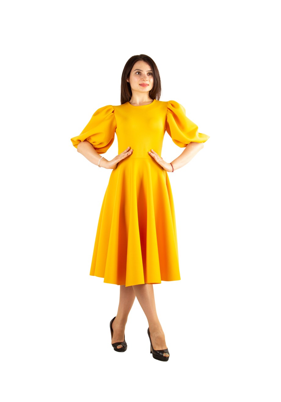 Bishop Sleeve Scuba Dress - Mustard - Wholesale Womens Clothing