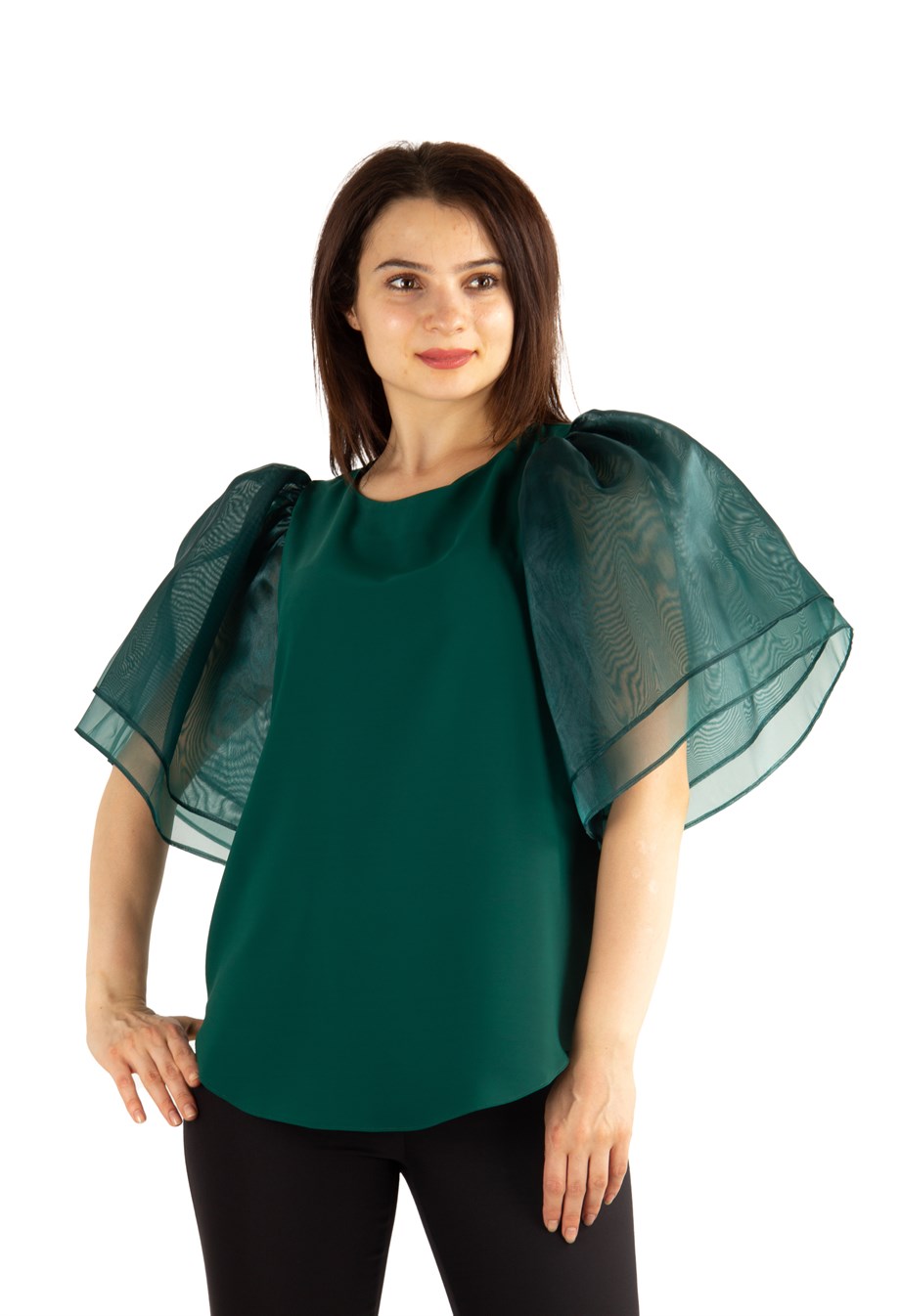 emerald green ruffle blouse
