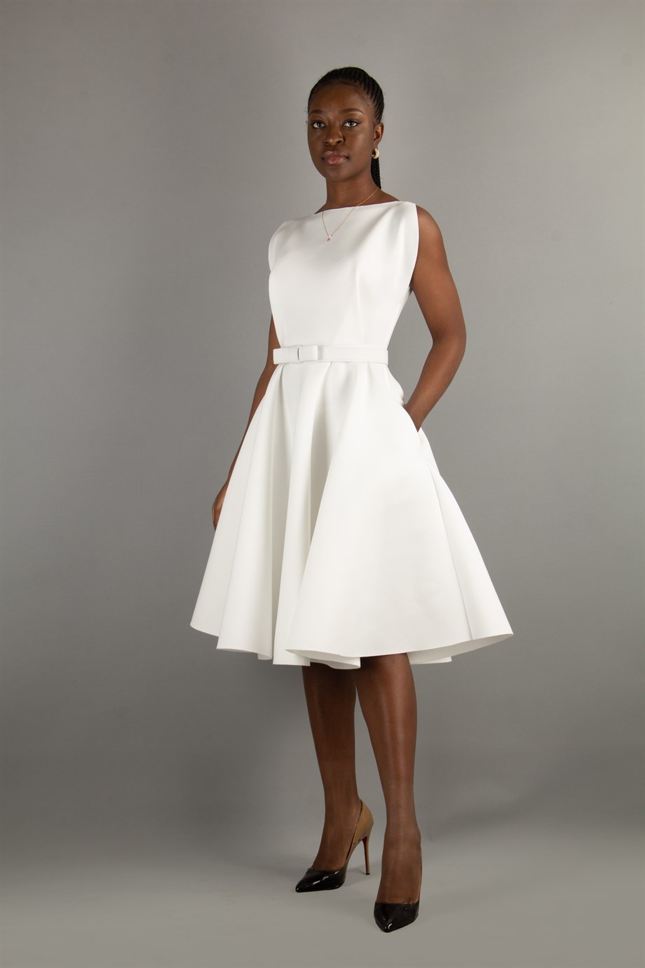Boat Neck Sleeveless Flare Scuba Dress - White - Wholesale Womens Clothing  Vendors For Boutiques