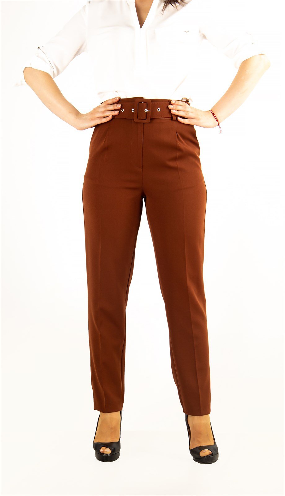 Casual Formal Office Trousers For Ladies Pants With Matching Belt  Brick  Red  Wholesale Womens Clothing Vendors For Boutiques