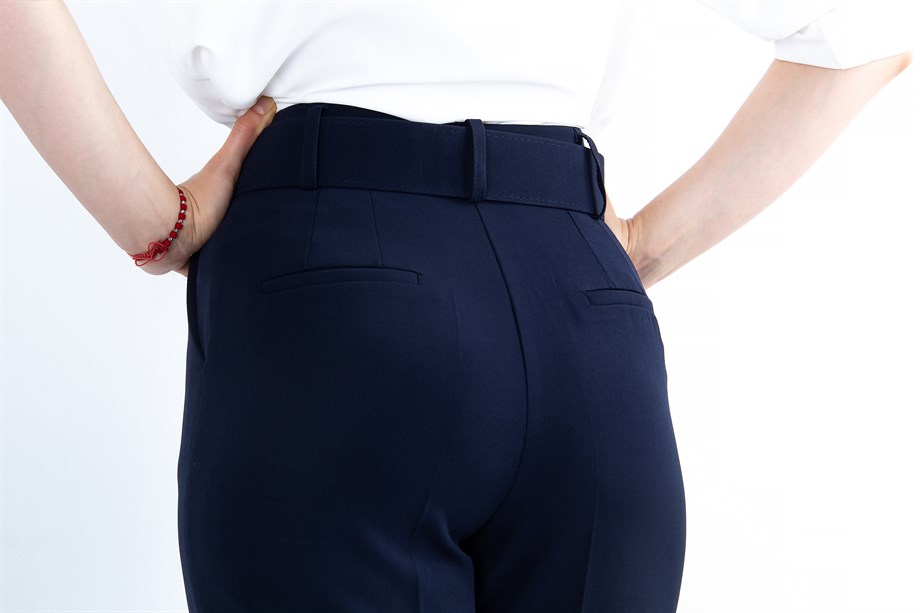 Classic Trouser With Folded Hem Side Button  Navy Blue  Wholesale Womens  Clothing Vendors For Boutiques