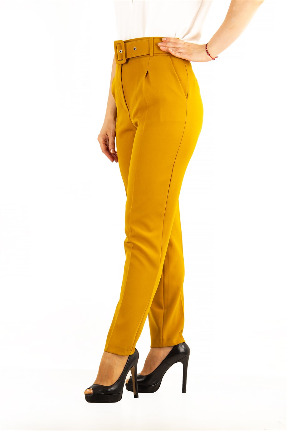 Casual Formal Office Trousers For Ladies Pants With Matching Belt - Mustard  - Wholesale Womens Clothing Vendors For Boutiques