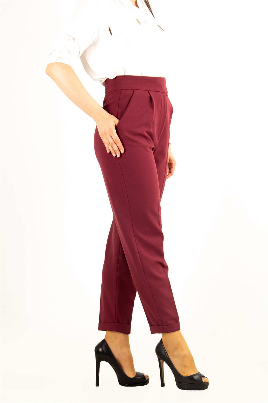 Ladies Claret Double Layer Trousers with zip and button fastening