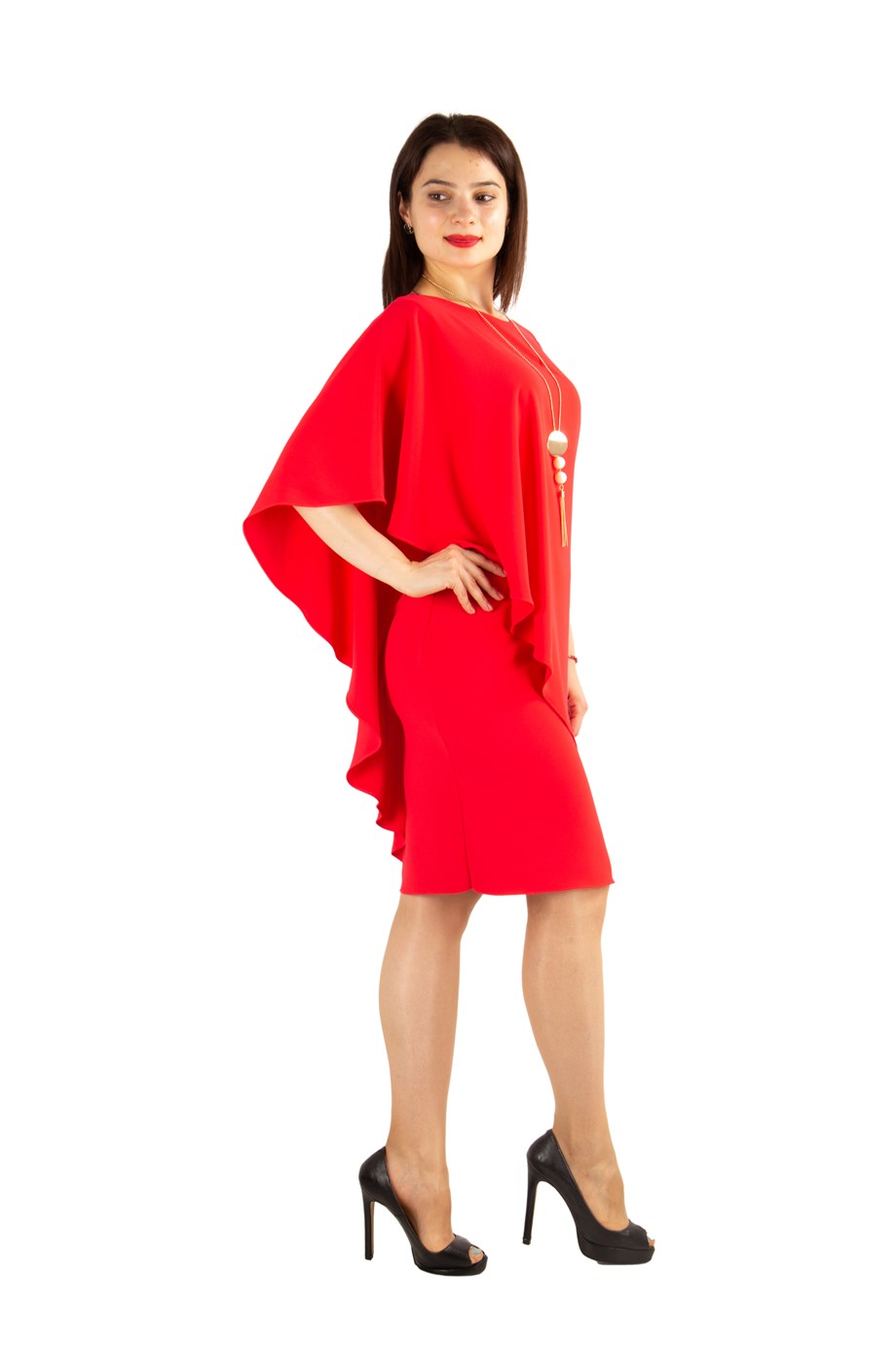 Cloak Cape Short Sleeve Elegant Bİg Size Dress - Red - Wholesale Womens  Clothing Vendors For Boutiques