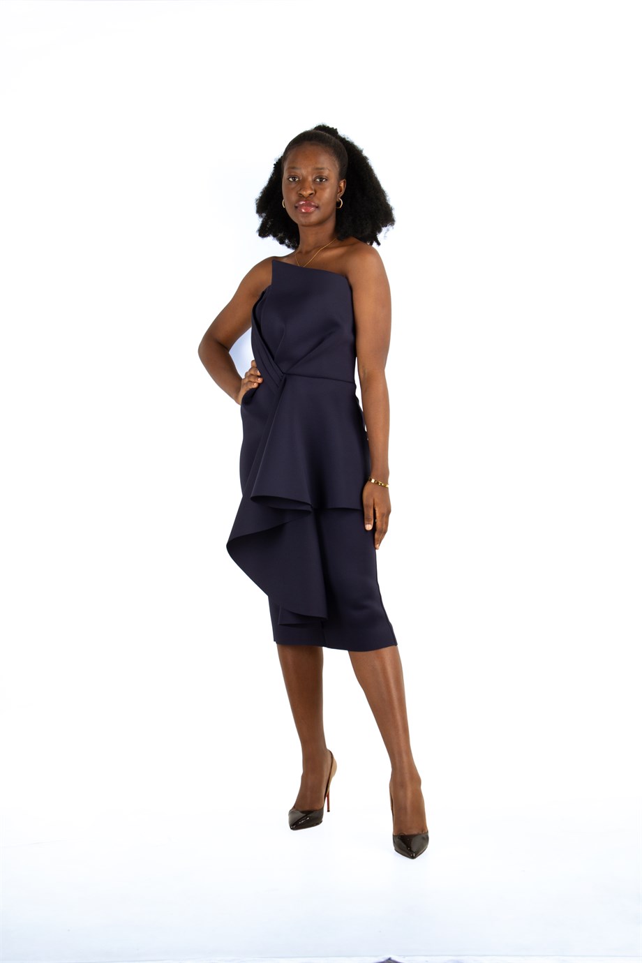 Front Detailed Draped Scuba Dress Navy Blue Wholesale Womens Clothing Vendors For Boutiques