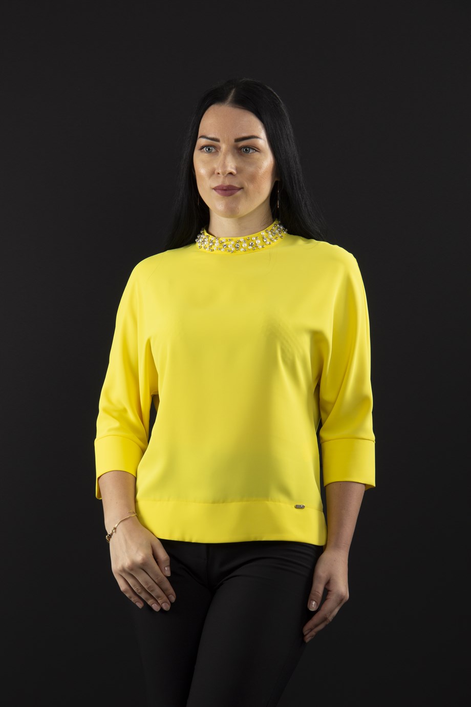 yellow high neck blouse