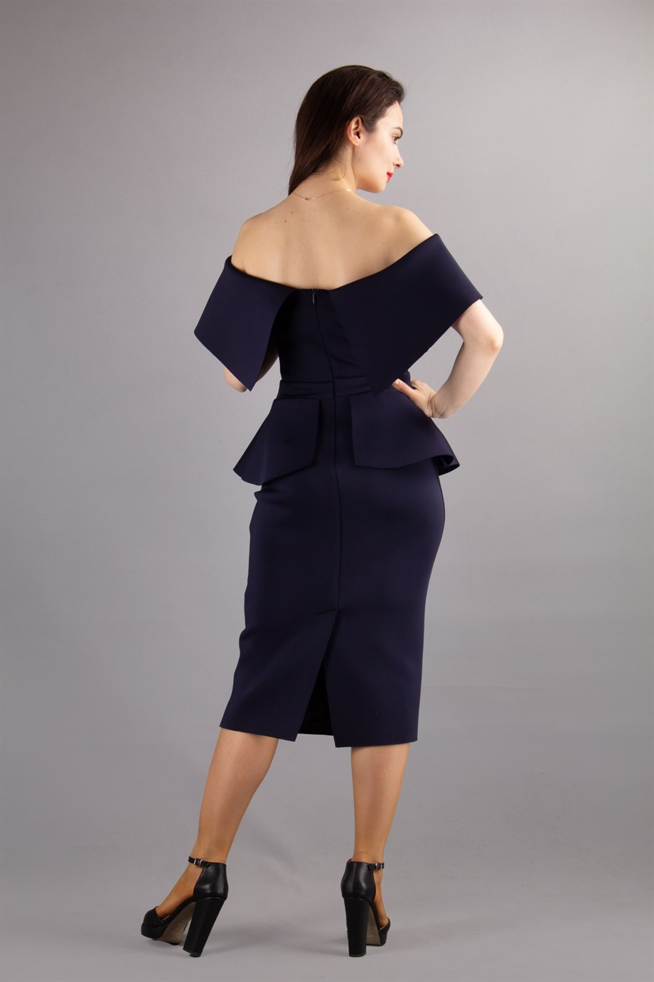 Navy Bonded Scuba Bandeau Peplum Dress