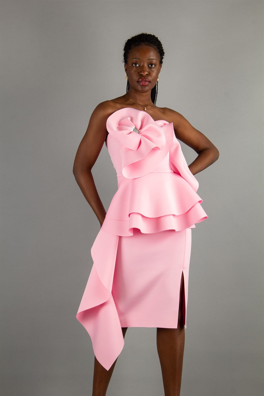 Off The Shoulder Ruffle Peplum Scuba Dress With Big Flower Detail - Pink -  Wholesale Womens Clothing Vendors For Boutiques