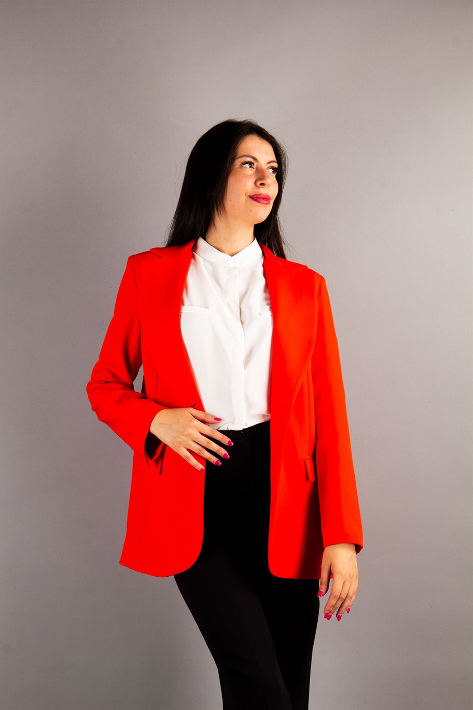 One Button Classic Blazer Women Jacket - Red