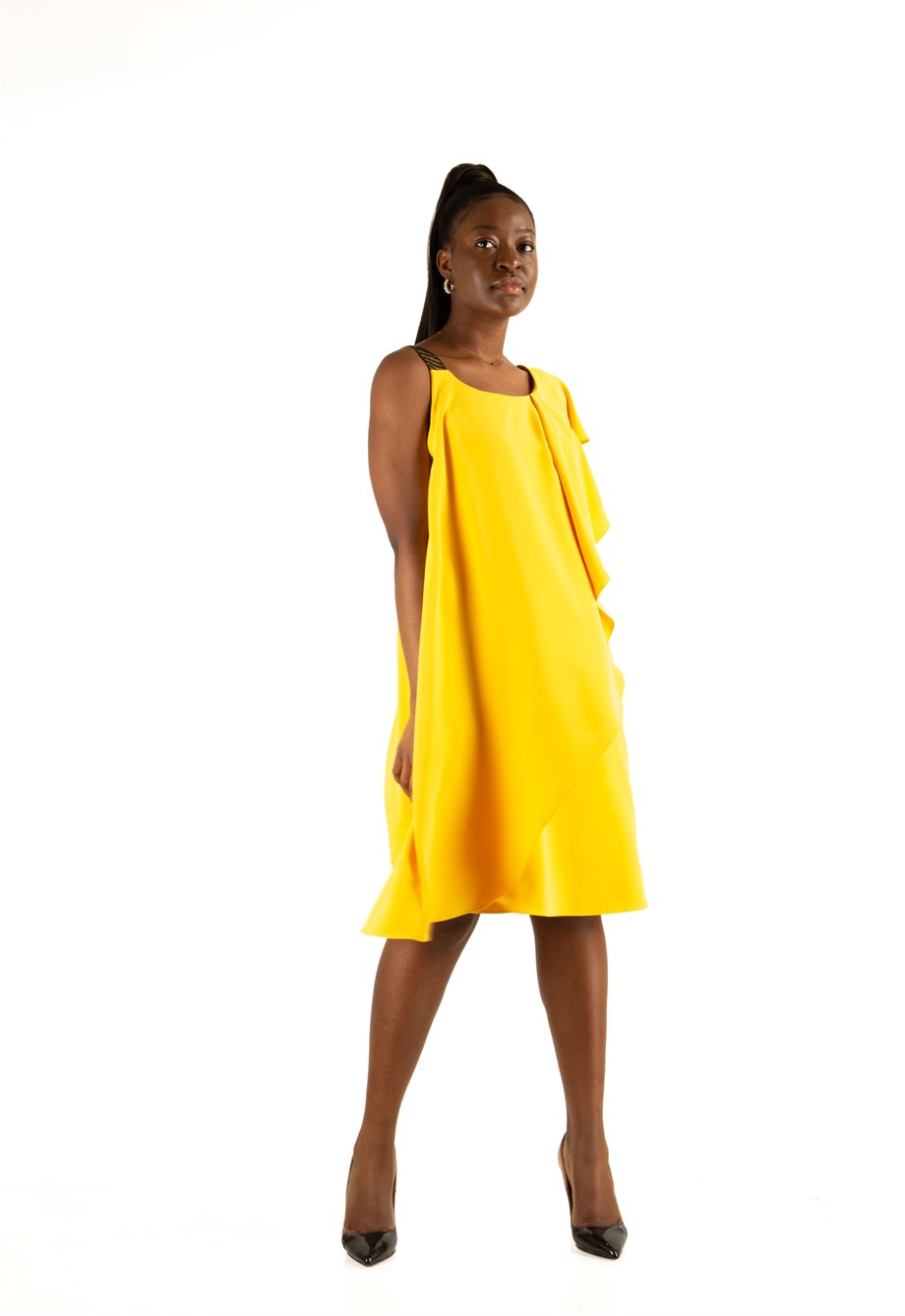 One Shoulder Draped Midi Dress - Yellow - Wholesale Womens Clothing Vendors  For Boutiques