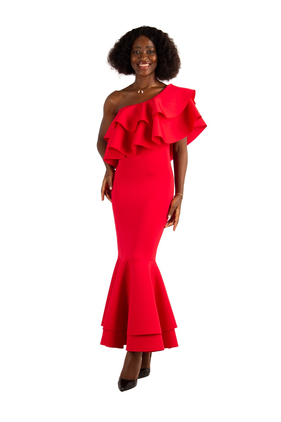 One Shoulder Ruffle Hem Scuba Dress Red Wholesale Womens Clothing Vendors For Boutiques