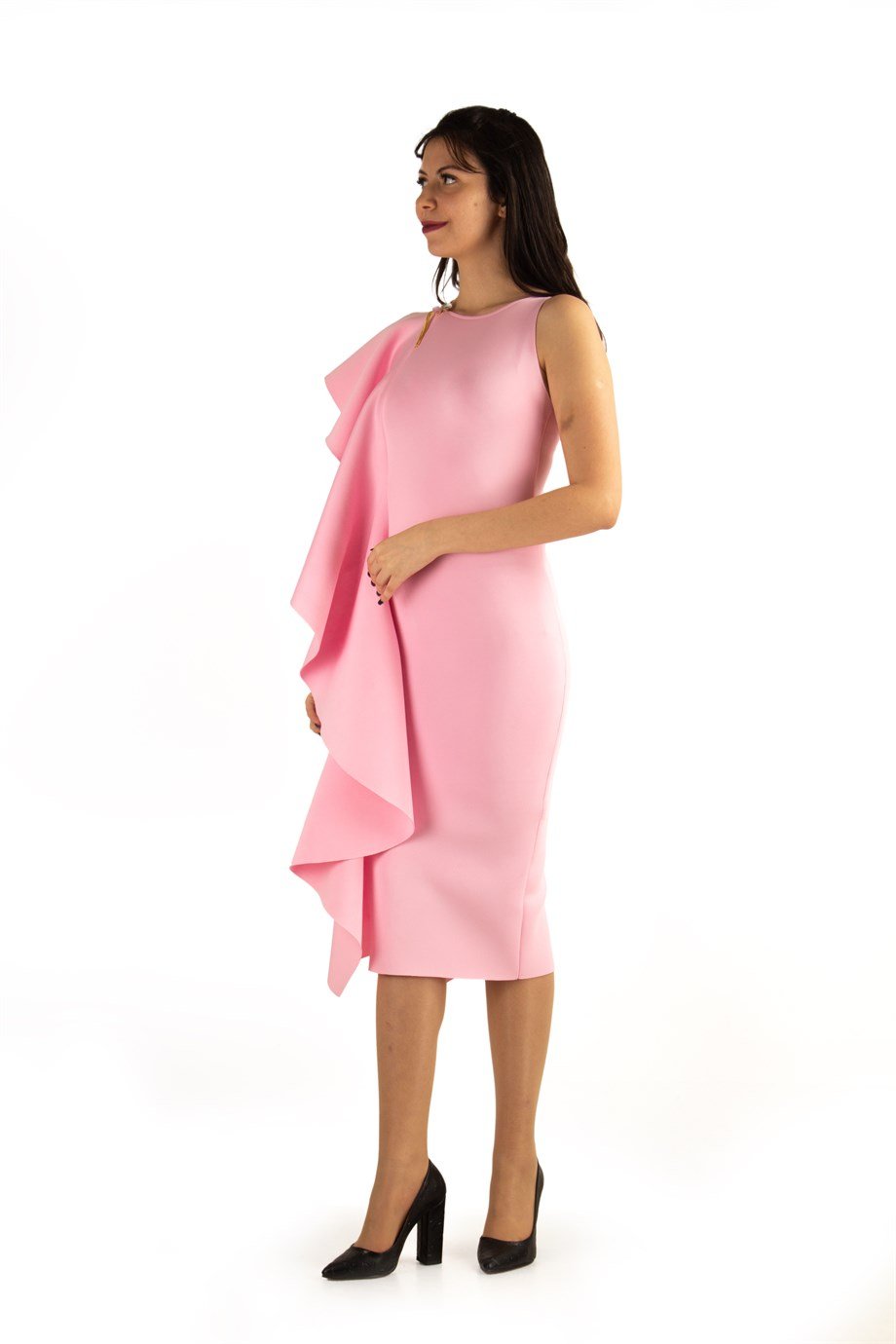【BAON】Sanka Check Frill Midi One Piece One Sleeve Frill Scuba Midi Dress - Pink - Wholesale Womens