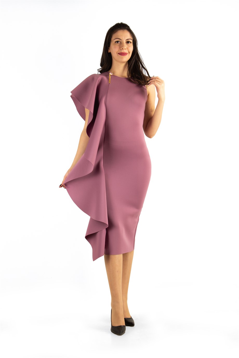 One Sleeve Frill Scuba Midi Dress Rusty Rose Wholesale Womens Clothing Vendors For Boutiques