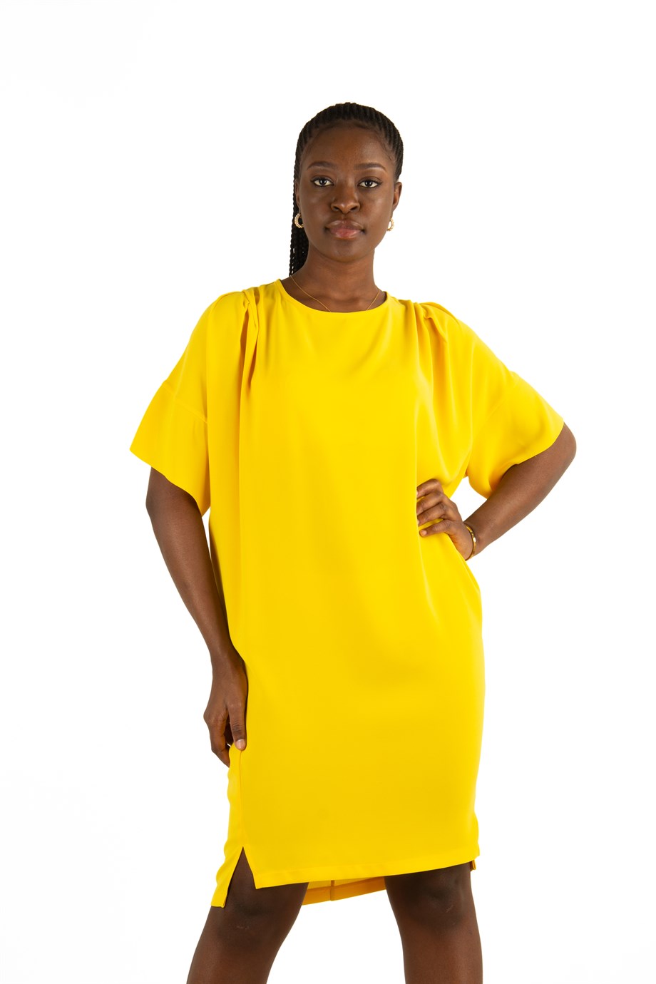 Plain Elegant Midi Short Sleeve Big Size Dress Yellow