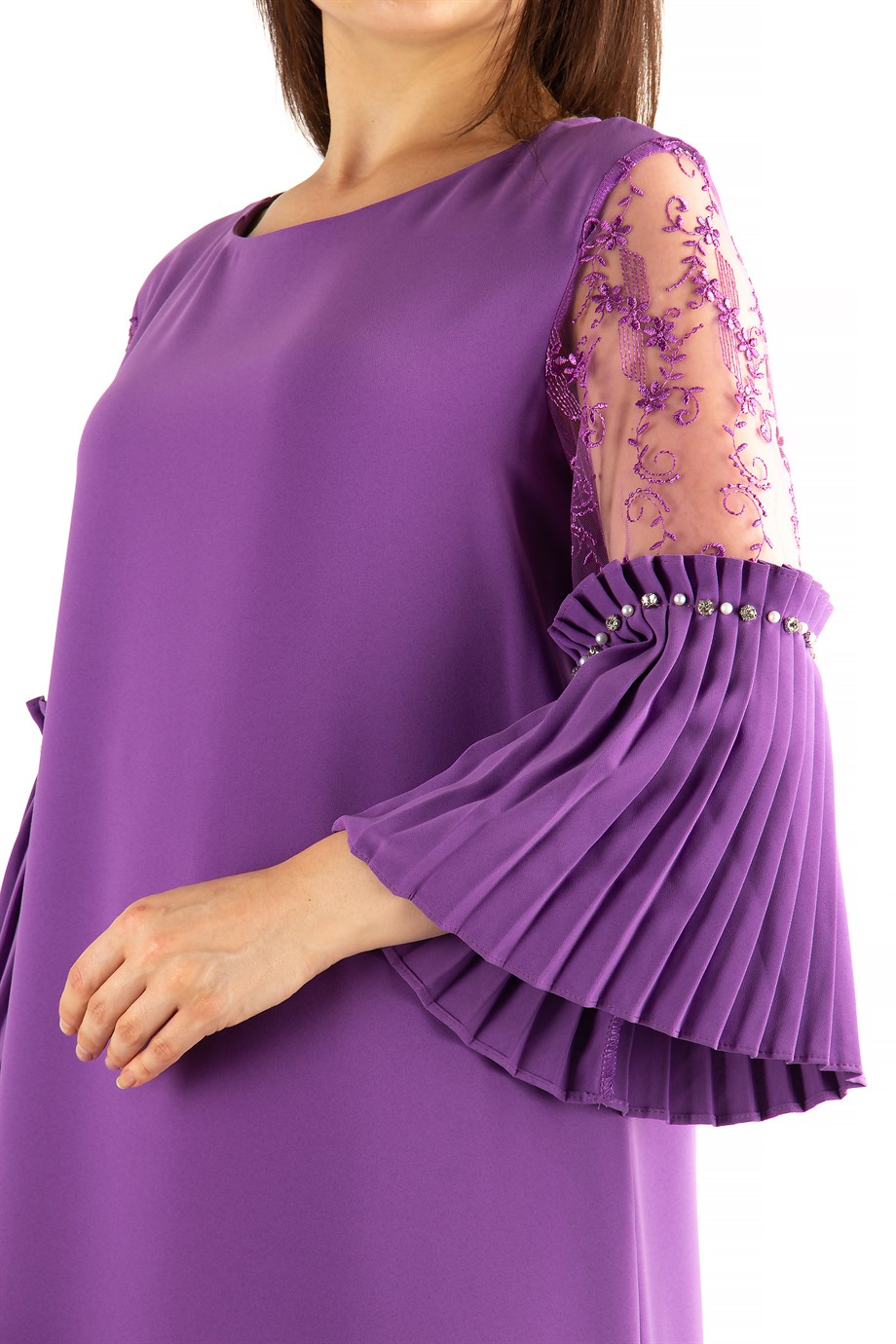 Pleated Sleeve Cuff Big Size Dress With Stone And Lace Detail Purple Wholesale Womens Clothing Vendors For Boutiques