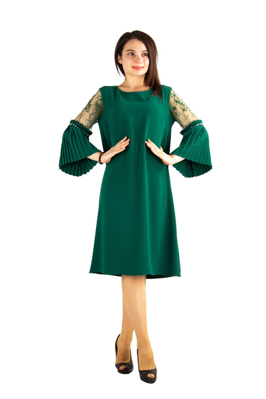 Pleated Sleeve Cuff Big Size Dress With Stone And Lace Pleated Sleeve Cuff Big Size Dress With Stone And Lace