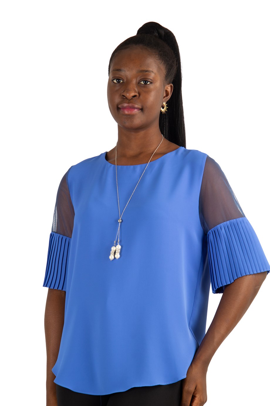 Round Neck Short Pleated Tulle Sleeve Big Size Blouse Indigo Wholesale Womens Clothing Vendors For Boutiques