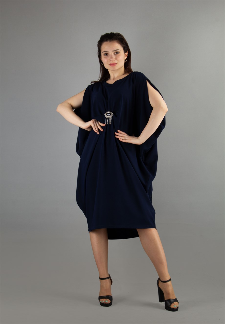 Sleeveless Batwing Draper Dress With Brooch Fuchsia Wholesale