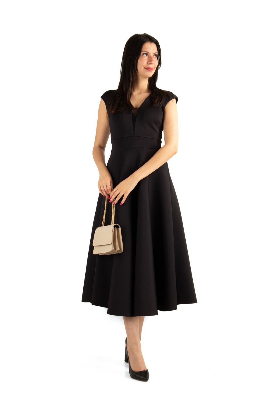 Sleeveless V-Neck Flare Scuba Dress Black