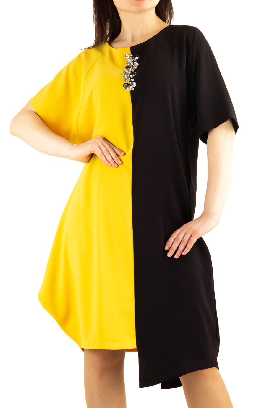 Two Tone Batwing Sleeve Dress With Brooch - Yellow/Black - Wholesale Womens  Clothing Vendors For Boutiques