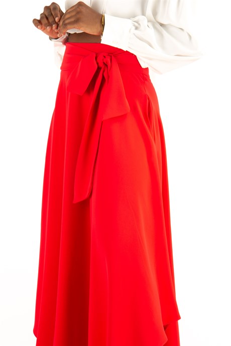 人気TOP With Skirt Asymmetric Flared Waisted High Belt Red - スカート