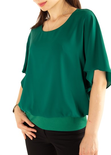 Sleeve Emerald Blouse - Bottom Banded Batwing Green