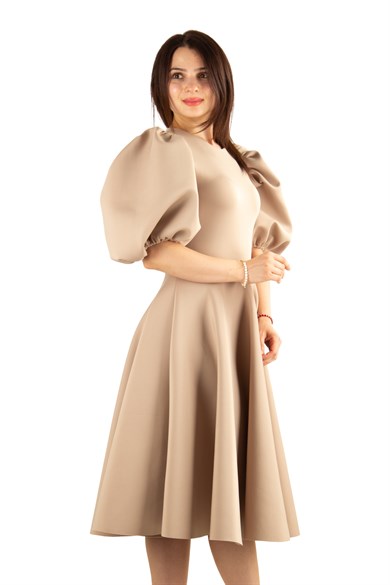 Bishop Sleeve Scuba Dress - Beige - Wholesale Womens Clothing