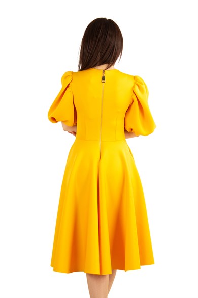 Bishop Sleeve Scuba Dress - Mustard - Wholesale Womens