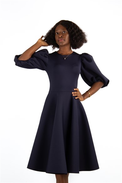 Bishop Sleeve Scuba Dress - Navy Blue - Wholesale Womens Clothing