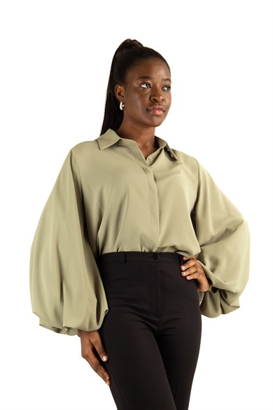 Bishop Sleeves Blouse - Khaki - Wholesale Womens Clothing Vendors
