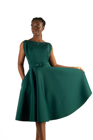 Boat Neck Sleeveless Flare Scuba Dress - Emerald Green - Wholesale Womens  Clothing Vendors For Boutiques