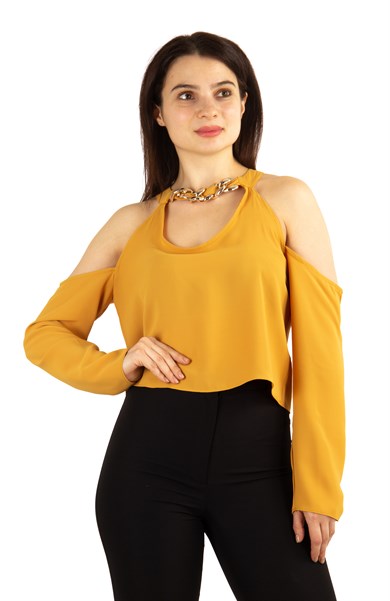 Halter Neck Crop Top With Chain Detail Mustard Wholesale Womens Clothing Vendors For Boutiques