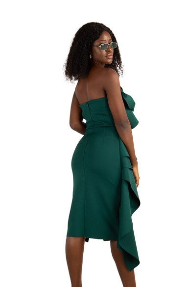 True Violet one shoulder ruffle midi dress in emerald