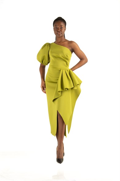 One Shoulder Puff Sleeve Scuba Dress Khaki Wholesale Womens