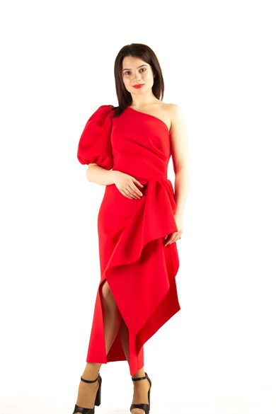 One Shoulder Puff Sleeve Scuba Dress - Khaki - Wholesale Womens
