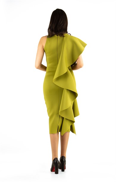 One Sleeve Frill Scuba Midi Dress Khaki Wholesale Womens