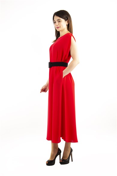 Sleeveless Long Big Size Dress With Belt - Red - Wholesale Womens Clothing  Vendors For Boutiques