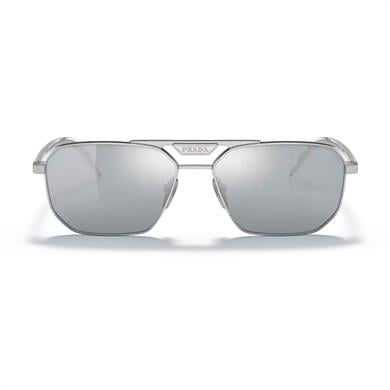 Prada PR 58YS 1BC02R 57 Aynalı Erkek  Dikdörtgen Gri Metal Güneş Gözlüğü