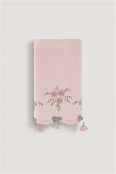 KÜPELI KADIFE NAKISLI ÇEYIZ HAVLUSU PUDRA 30X50